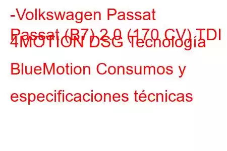 -Volkswagen Passat
Passat (B7) 2.0 (170 CV) TDI 4MOTION DSG Tecnología BlueMotion Consumos y especificaciones técnicas