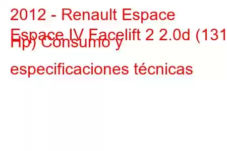 2012 - Renault Espace
Espace IV Facelift 2 2.0d (131 Hp) Consumo y especificaciones técnicas