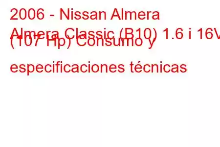 2006 - Nissan Almera
Almera Classic (B10) 1.6 i 16V (107 Hp) Consumo y especificaciones técnicas