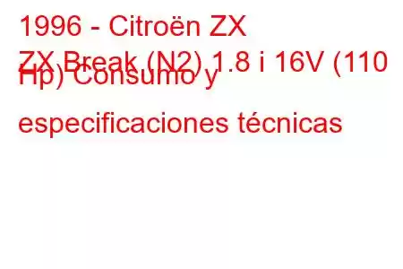 1996 - Citroën ZX
ZX Break (N2) 1.8 i 16V (110 Hp) Consumo y especificaciones técnicas