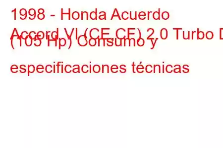 1998 - Honda Acuerdo
Accord VI (CE,CF) 2.0 Turbo Di (105 Hp) Consumo y especificaciones técnicas