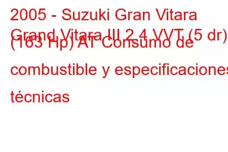 2005 - Suzuki Gran Vitara
Grand Vitara III 2.4 VVT (5 dr) (163 Hp) AT Consumo de combustible y especificaciones técnicas