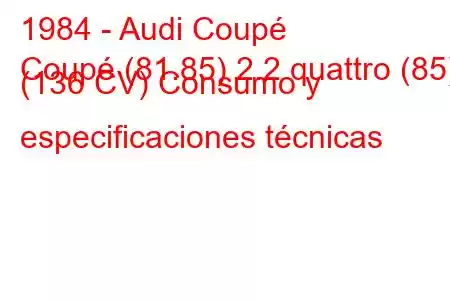 1984 - Audi Coupé
Coupé (81.85) 2.2 quattro (85) (136 CV) Consumo y especificaciones técnicas