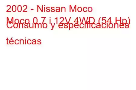 2002 - Nissan Moco
Moco 0.7 i 12V 4WD (54 Hp) Consumo y especificaciones técnicas