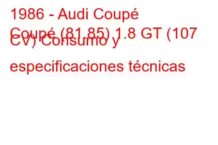 1986 - Audi Coupé
Coupé (81.85) 1.8 GT (107 CV) Consumo y especificaciones técnicas