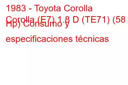 1983 - Toyota Corolla
Corolla (E7) 1.8 D (TE71) (58 Hp) Consumo y especificaciones técnicas