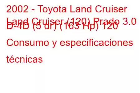 2002 - Toyota Land Cruiser
Land Cruiser (120) Prado 3.0 D-4D (5 dr) (163 Hp) 120 Consumo y especificaciones técnicas