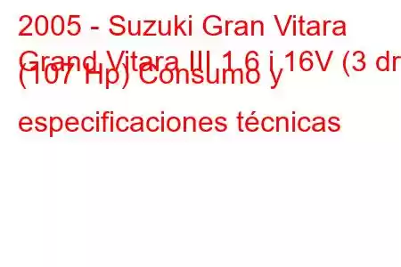 2005 - Suzuki Gran Vitara
Grand Vitara III 1.6 i 16V (3 dr) (107 Hp) Consumo y especificaciones técnicas