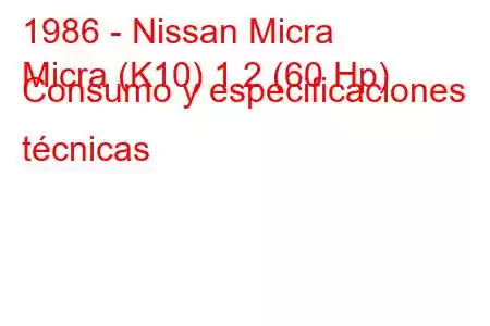 1986 - Nissan Micra
Micra (K10) 1.2 (60 Hp) Consumo y especificaciones técnicas