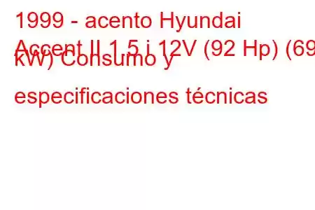 1999 - acento Hyundai
Accent II 1.5 i 12V (92 Hp) (69 kW) Consumo y especificaciones técnicas