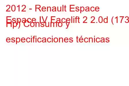 2012 - Renault Espace
Espace IV Facelift 2 2.0d (173 Hp) Consumo y especificaciones técnicas