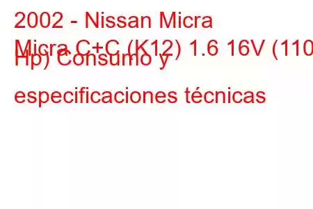 2002 - Nissan Micra
Micra C+C (K12) 1.6 16V (110 Hp) Consumo y especificaciones técnicas