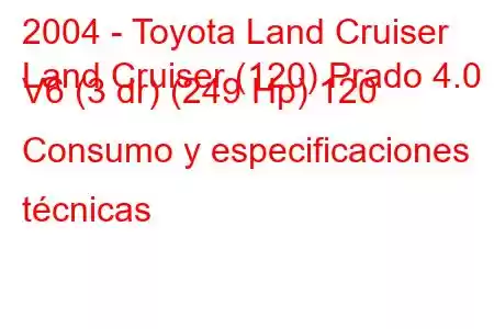 2004 - Toyota Land Cruiser
Land Cruiser (120) Prado 4.0 V6 (3 dr) (249 Hp) 120 Consumo y especificaciones técnicas