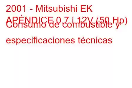 2001 - Mitsubishi EK
APÉNDICE 0.7 i 12V (50 Hp) Consumo de combustible y especificaciones técnicas