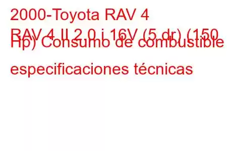 2000-Toyota RAV 4
RAV 4 II 2.0 i 16V (5 dr) (150 Hp) Consumo de combustible y especificaciones técnicas