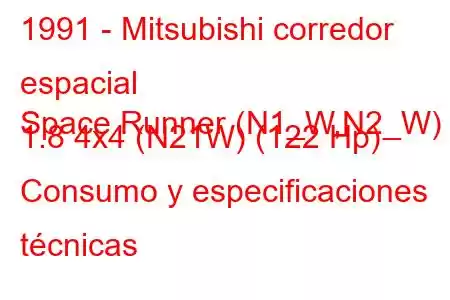 1991 - Mitsubishi corredor espacial
Space Runner (N1_W,N2_W) 1.8 4x4 (N21W) (122 Hp) Consumo y especificaciones técnicas