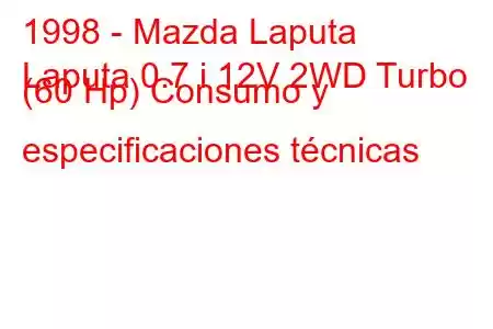 1998 - Mazda Laputa
Laputa 0.7 i 12V 2WD Turbo (60 Hp) Consumo y especificaciones técnicas