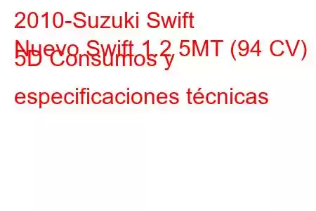 2010-Suzuki Swift
Nuevo Swift 1.2 5MT (94 CV) 5D Consumos y especificaciones técnicas