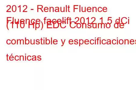 2012 - Renault Fluence
Fluence facelift 2012 1.5 dCi (110 Hp) EDC Consumo de combustible y especificaciones técnicas