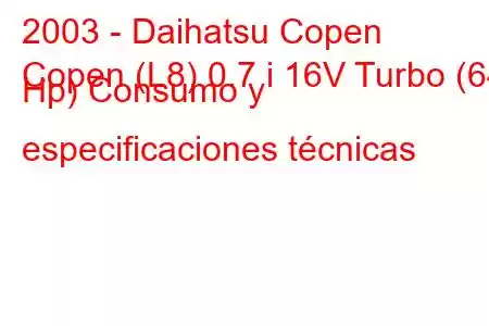 2003 - Daihatsu Copen
Copen (L8) 0.7 i 16V Turbo (64 Hp) Consumo y especificaciones técnicas