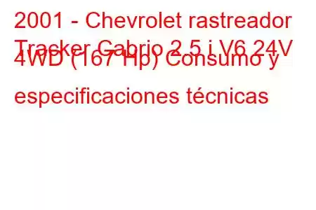 2001 - Chevrolet rastreador
Tracker Cabrio 2.5 i V6 24V 4WD (167 Hp) Consumo y especificaciones técnicas