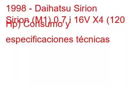 1998 - Daihatsu Sirion
Sirion (M1) 0.7 i 16V X4 (120 Hp) Consumo y especificaciones técnicas