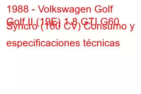 1988 - Volkswagen Golf
Golf II (19E) 1.8 GTI G60 Syncro (160 CV) Consumo y especificaciones técnicas