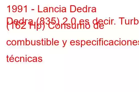 1991 - Lancia Dedra
Dedra (835) 2.0 es decir. Turbo (162 Hp) Consumo de combustible y especificaciones técnicas