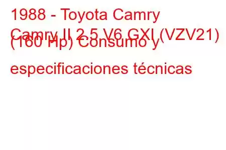 1988 - Toyota Camry
Camry II 2.5 V6 GXI (VZV21) (160 Hp) Consumo y especificaciones técnicas