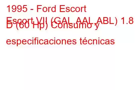 1995 - Ford Escort
Escort VII (GAL,AAL,ABL) 1.8 D (60 Hp) Consumo y especificaciones técnicas