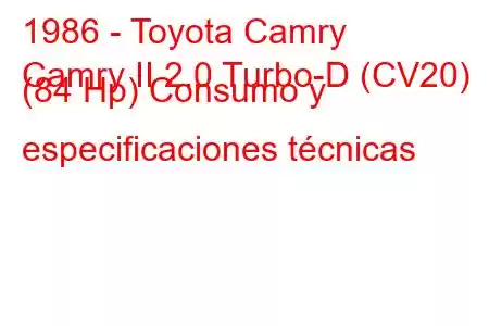 1986 - Toyota Camry
Camry II 2.0 Turbo-D (CV20) (84 Hp) Consumo y especificaciones técnicas