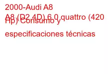 2000-Audi A8
A8 (D2,4D) 6.0 quattro (420 Hp) Consumo y especificaciones técnicas