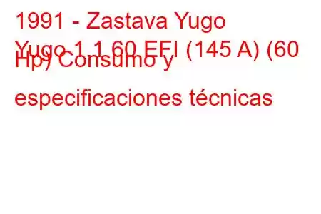 1991 - Zastava Yugo
Yugo 1.1 60 EFI (145 A) (60 Hp) Consumo y especificaciones técnicas