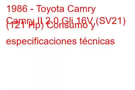 1986 - Toyota Camry
Camry II 2.0 Gli 16V (SV21) (121 Hp) Consumo y especificaciones técnicas