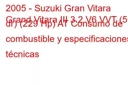 2005 - Suzuki Gran Vitara
Grand Vitara III 3.2 V6 VVT (5 dr) (229 Hp) AT Consumo de combustible y especificaciones técnicas