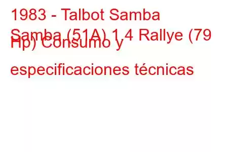 1983 - Talbot Samba
Samba (51A) 1.4 Rallye (79 Hp) Consumo y especificaciones técnicas