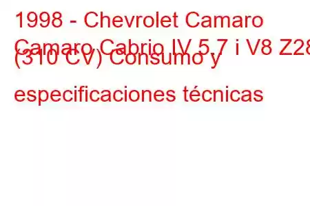 1998 - Chevrolet Camaro
Camaro Cabrio IV 5.7 i V8 Z28 (310 CV) Consumo y especificaciones técnicas