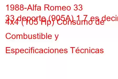 1988-Alfa Romeo 33
33 deporte (905A) 1,7 es decir. 4x4 (105 Hp) Consumo de Combustible y Especificaciones Técnicas