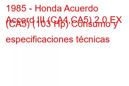 1985 - Honda Acuerdo
Accord III (CA4,CA5) 2.0 EX (CA5) (103 Hp) Consumo y especificaciones técnicas