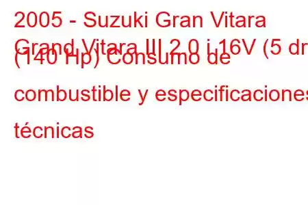 2005 - Suzuki Gran Vitara
Grand Vitara III 2.0 i 16V (5 dr) (140 Hp) Consumo de combustible y especificaciones técnicas