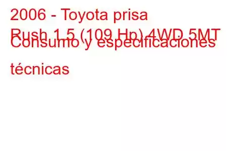 2006 - Toyota prisa
Rush 1.5 (109 Hp) 4WD 5MT Consumo y especificaciones técnicas