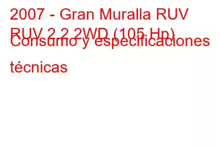 2007 - Gran Muralla RUV
RUV 2.2 2WD (105 Hp) Consumo y especificaciones técnicas