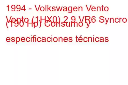 1994 - Volkswagen Vento
Vento (1HX0) 2.9 VR6 Syncro (190 Hp) Consumo y especificaciones técnicas